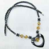 Gold Crystal Glass with Black Heart Shape Hematite Beads Necklace